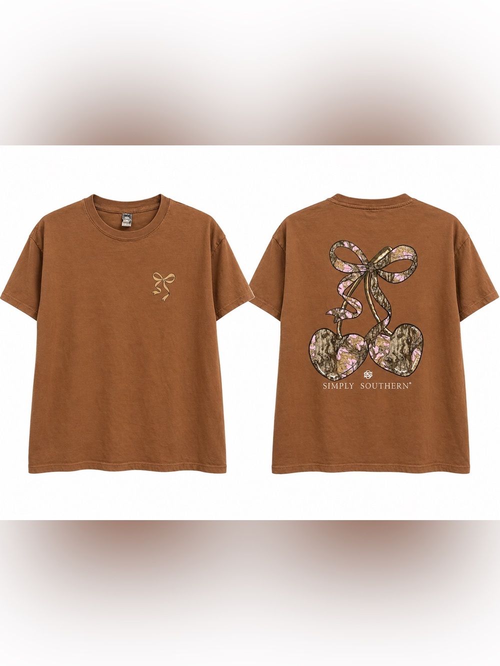 Simply Southern Brown Tee with Camo Pink Bow Graphic